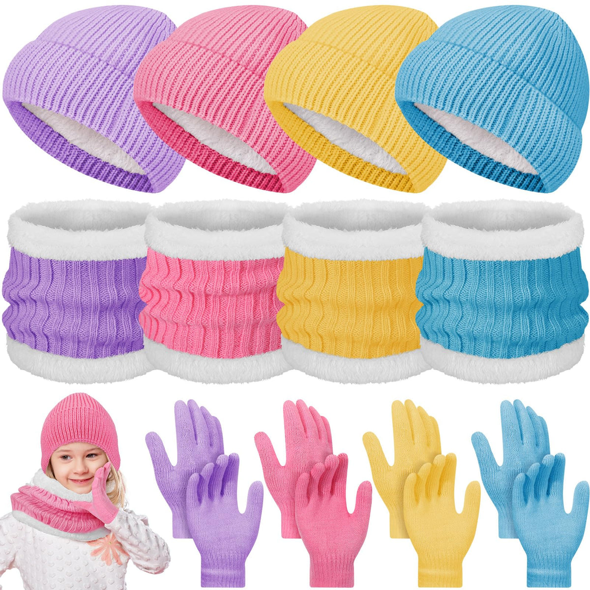 Geyoga 12 Pcs Kids Knitted Winter Hat Gloves Scarf Set for 5-8