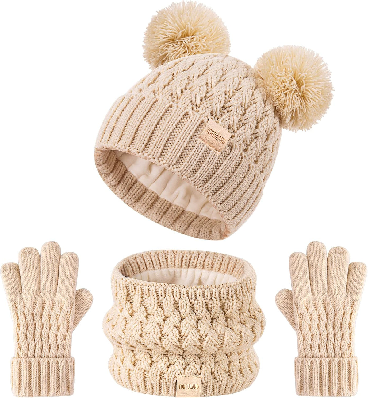 Kids Winter Hat Scarf Gloves Set Children's Warm Knit Fleece Lined Pompom Hat for Boys and Girls Ages 3-9