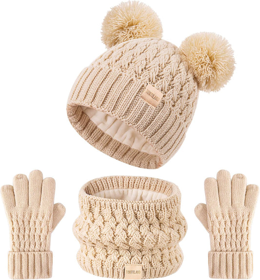 Kids Winter Hat Scarf Gloves Set Children's Warm Knit Fleece Lined Pompom Hat for Boys and Girls Ages 3-9
