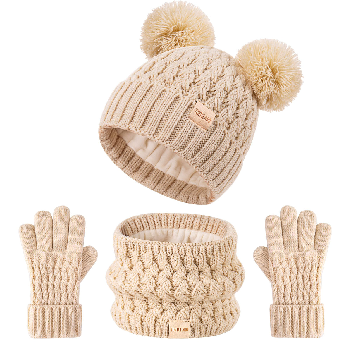 Kids Winter Hat Scarf Gloves Set Children's Warm Knit Fleece Lined Pompom Hat for Boys and Girls Ages 3-9