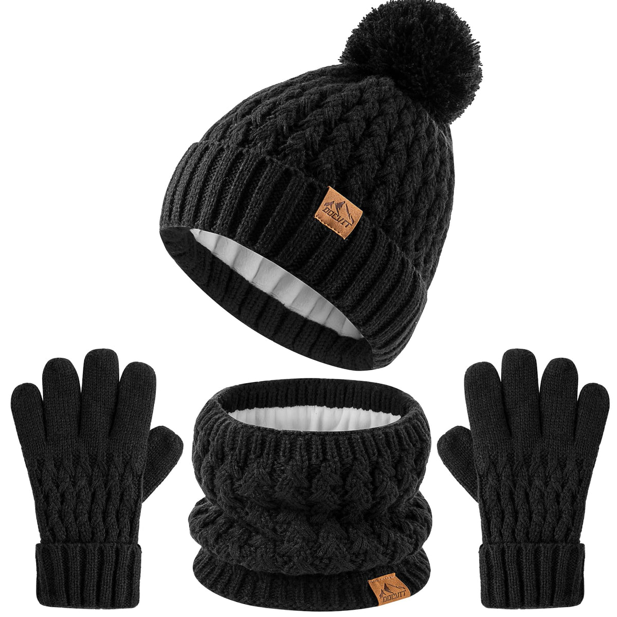 Kids Pompom Winter Beanie Hat Scart Gloves Set,Boys Girls Knitted Fleece Lined Woollen Hat for Children's 3-9 Years