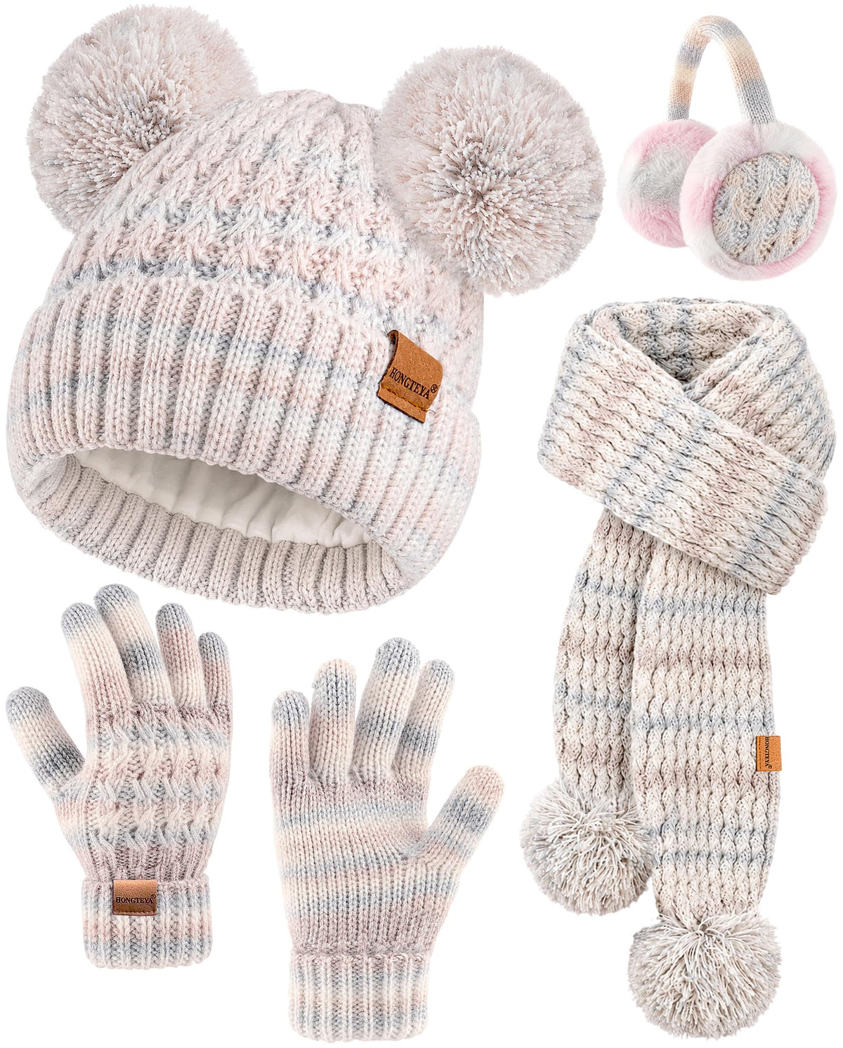 HONGTEYA 4PCS Kids Girls Winter Hat Gloves Scarf Earmuffs Set Aged 3-15Y