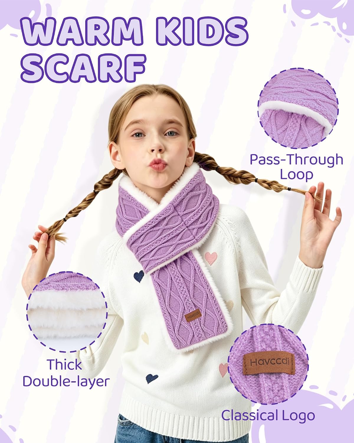 Kids Winter Scarf for Girls Boys, Plush Fur Lined Knitted Cross Tie Scarves
