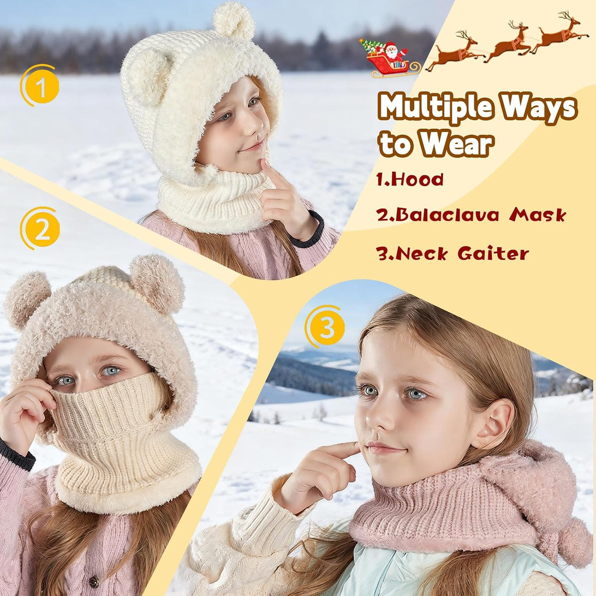 Kids Winter Balaclava Windproof Hats Gloves Set 3-in-1 Fleece Lined Hooded Scarf & Face Mask for Ages 2-8