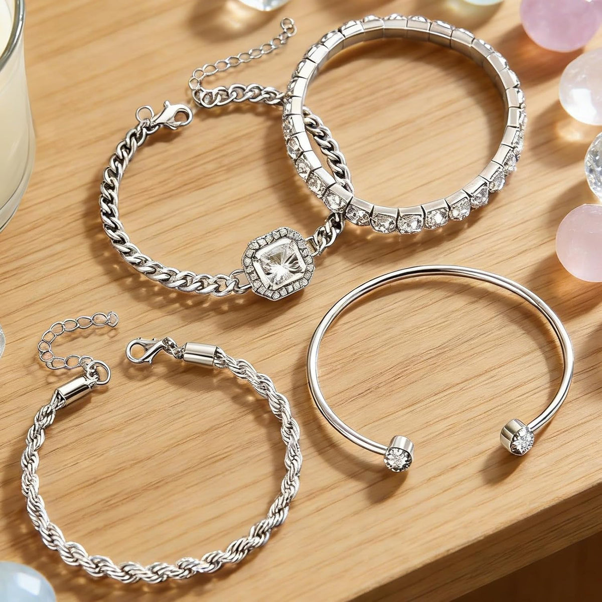 4 Pcs Silver Plated Stackable Bracelets Set for Women Cubic Zirconia Tennis Rope Chain Layering Bangle Adjustable Jewelry