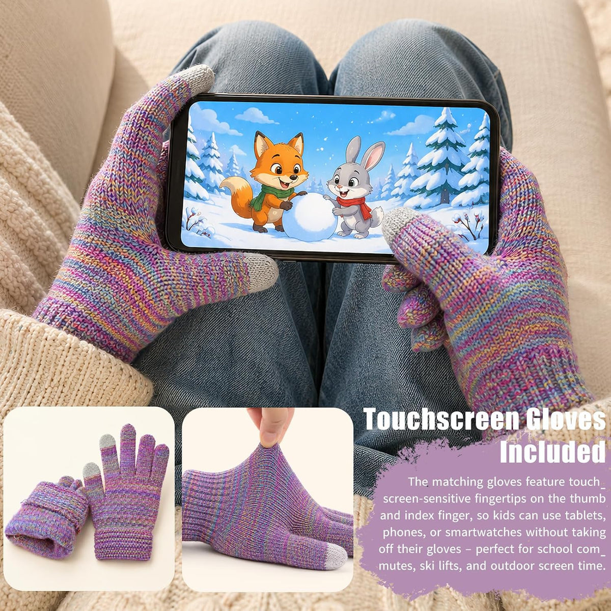 Kids Winter Hat Gloves Scarf Set Thicken Warm Fleece Lined Balaclava 3-8Y