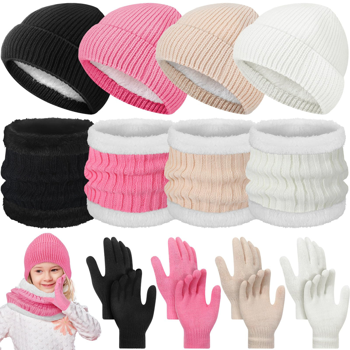Geyoga 12 Pcs Kids Knitted Winter Hat Gloves Scarf Set for 5-8