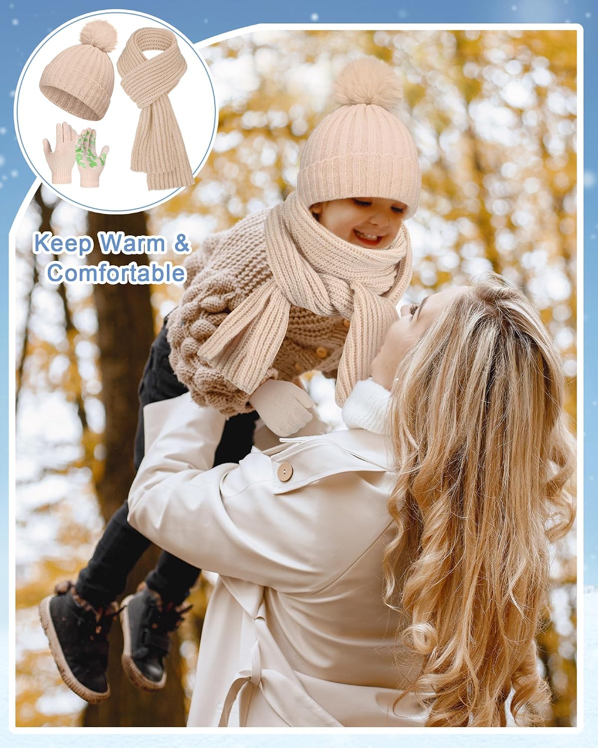 JaGely 12 Pcs Winter Hat Gloves Scarf Set Kids Knit Pompom Beanie Hat Gloves Neck Scarves for Cold Weather Beanies for Gift