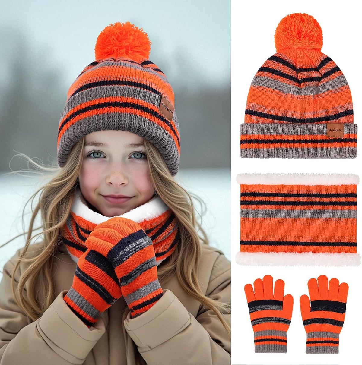 Kids Winter Hat Gloves Scarf Set: Girls Boys Beanie Fleece Lined Ages 6-10