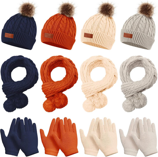 Liitrsh 12 Pcs Kids Winter Knitted Kids Winter Beanie Hat Scarf Gloves Set, Warm Boy Girl Pom Hat Scarf Gloves for 5-12 Years