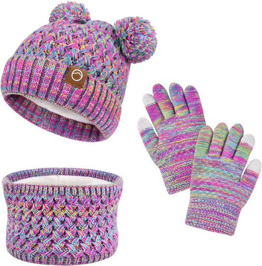Kids Winter Hat Gloves Scarf Set,Toddler Girls Beanie Hats with Pom