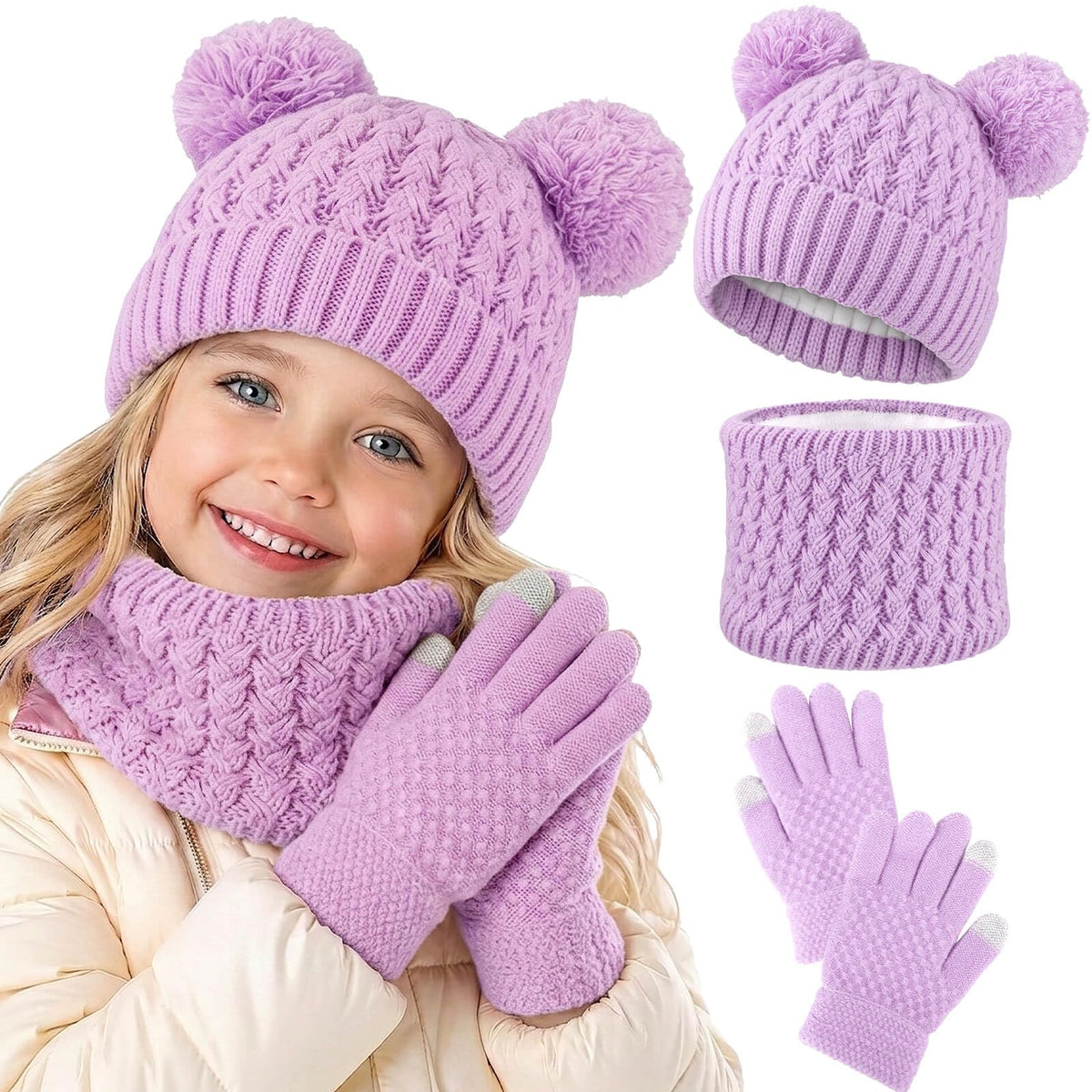 BQUBO Kids Winter Hat Gloves Scarf Set, Unisex Children Beanie Hat with Pom