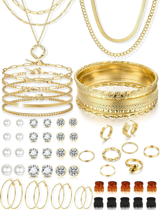 YEEZII 56 Pcs Gold Jewelry Set for Women with 5Pcs Layered Necklace, 5Pcs Layered Necklace, 12 Bracelets, 4 Hoop Earrings, 8 Stackable Rings, 10 hairpins, 12 Studs Earrings Jewerly set for Women