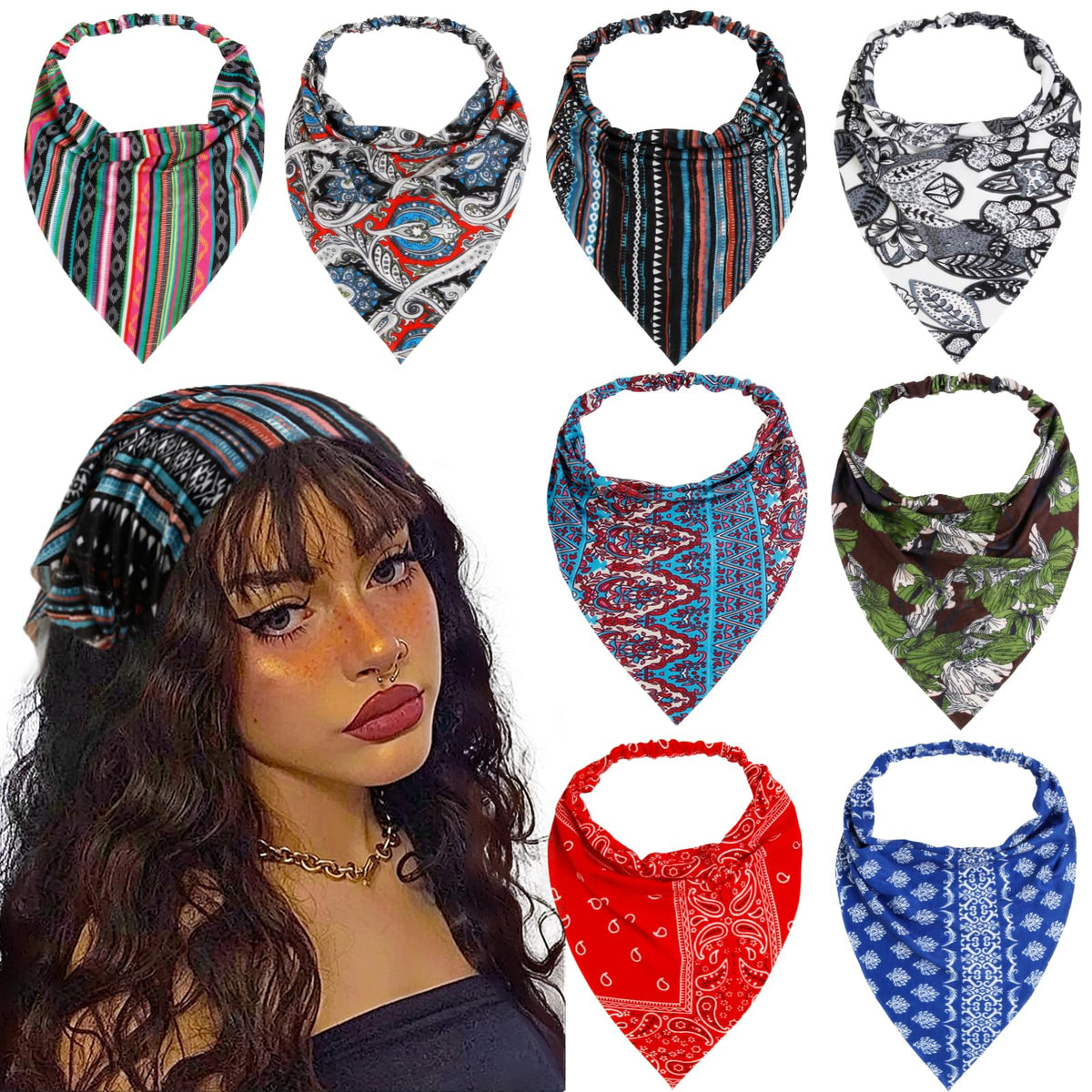 WOVOWOVO 8 Pcs Hair Scarf Headband for Women Girls Non Slip Elastic Boho Triangle Head Scarf Bandana