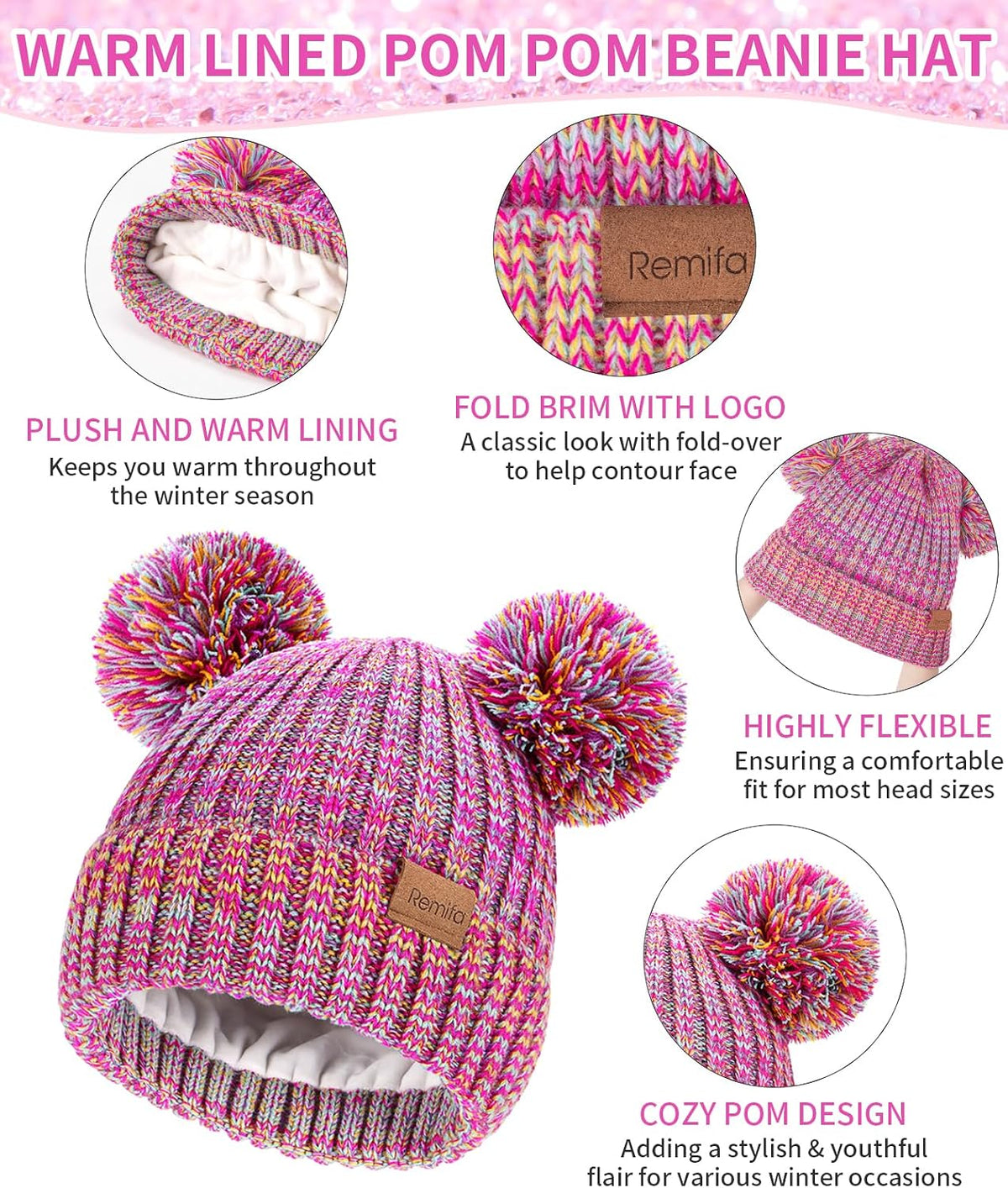 Remifa Kids Winter Hat Gloves Scarf Set, Toddler Girls Boy Fleece Lined PomPom Beanie Hat Kint Neck Long Scarf Warm Mittens