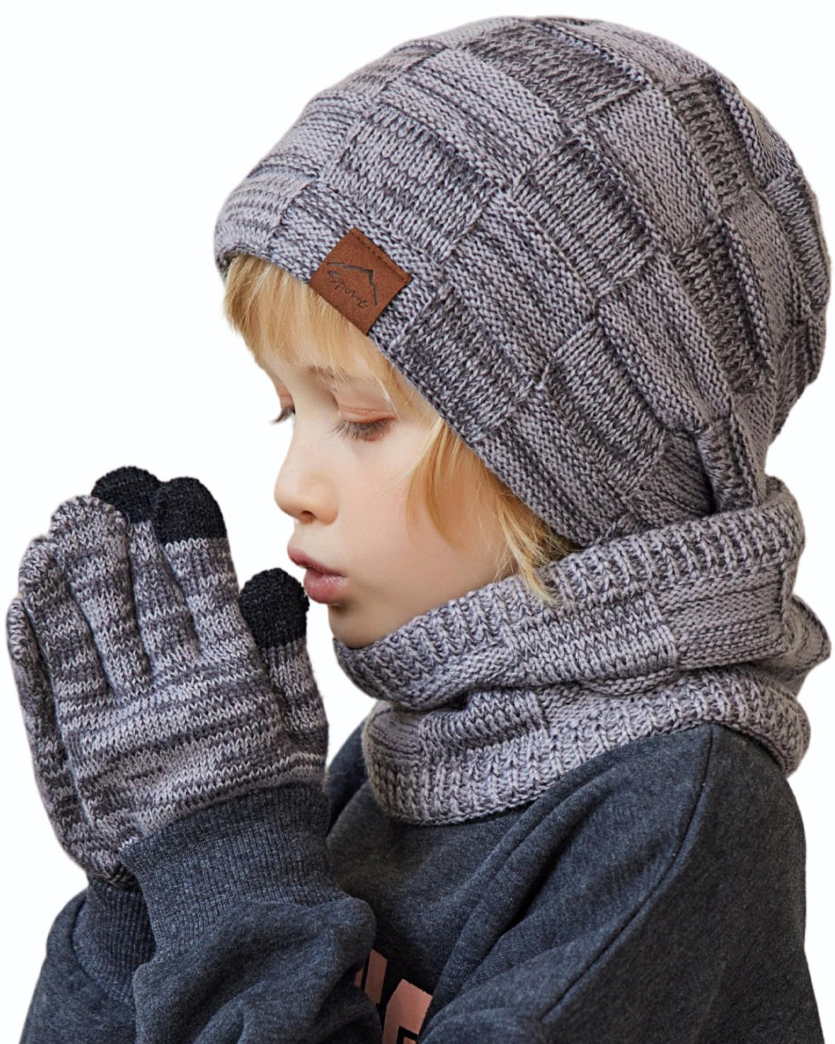 KMOLY Kids Winter Hat TouchScreen Gloves Scarf Set Warm Fleece Lined 4-10Y