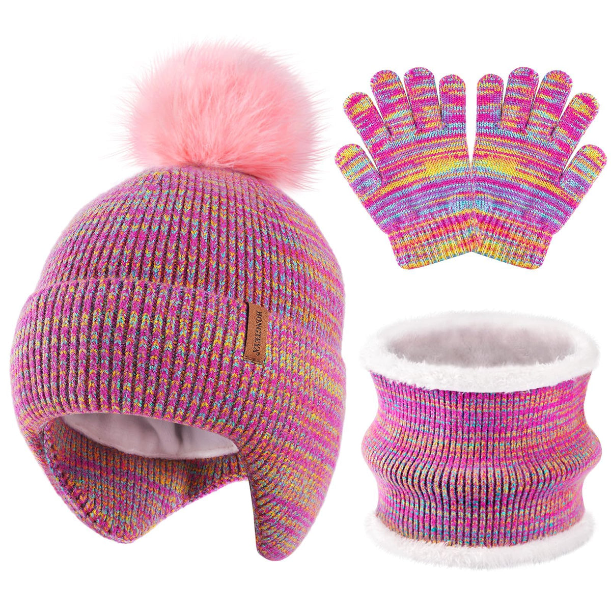 HONGTEYA Toddler Girls Winter Hat Gloves Scarf Set Warm Fleece Lined Knit