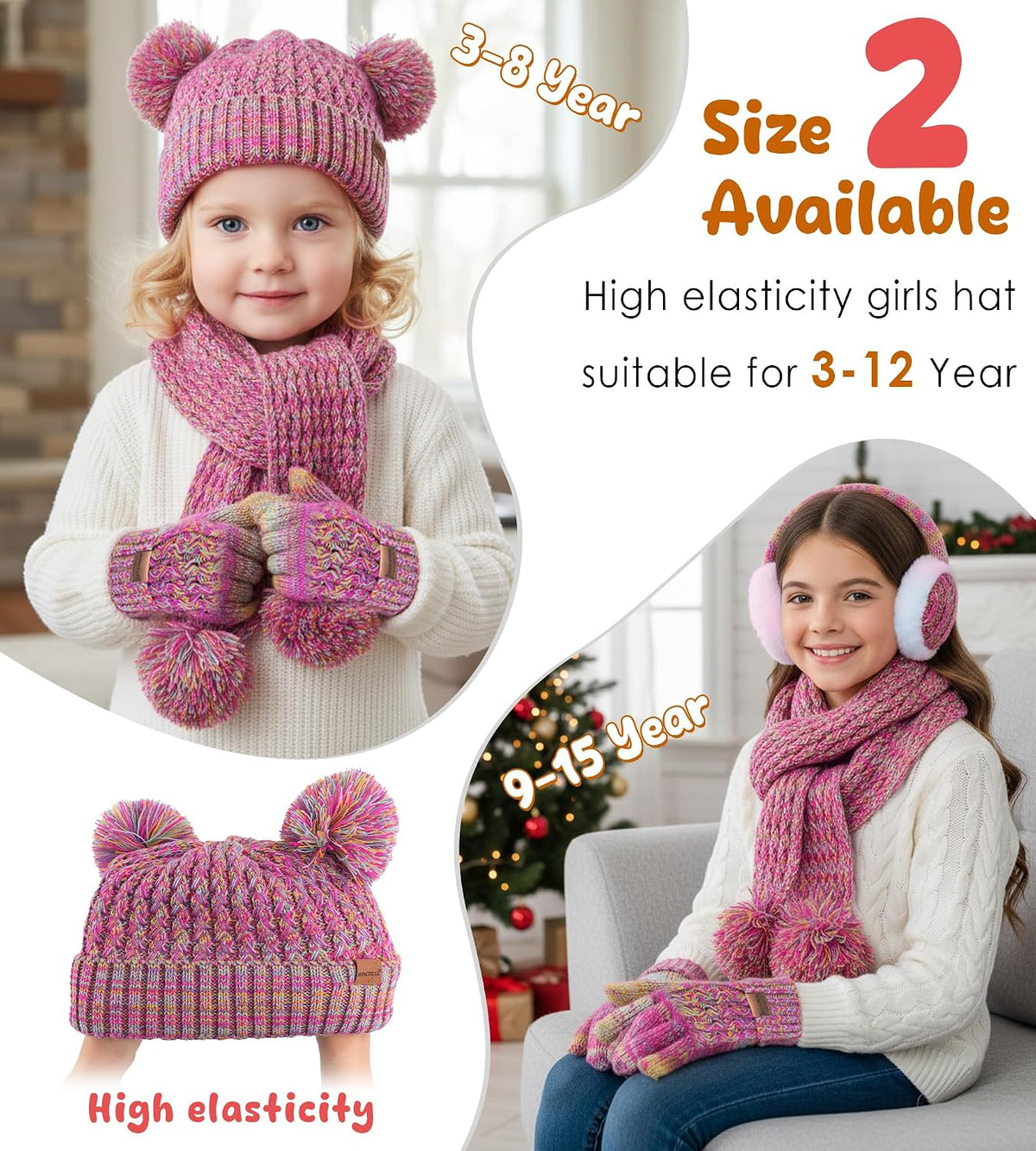 HONGTEYA 4PCS Kids Girls Winter Hat Gloves Scarf Earmuffs Set Aged 3-15Y