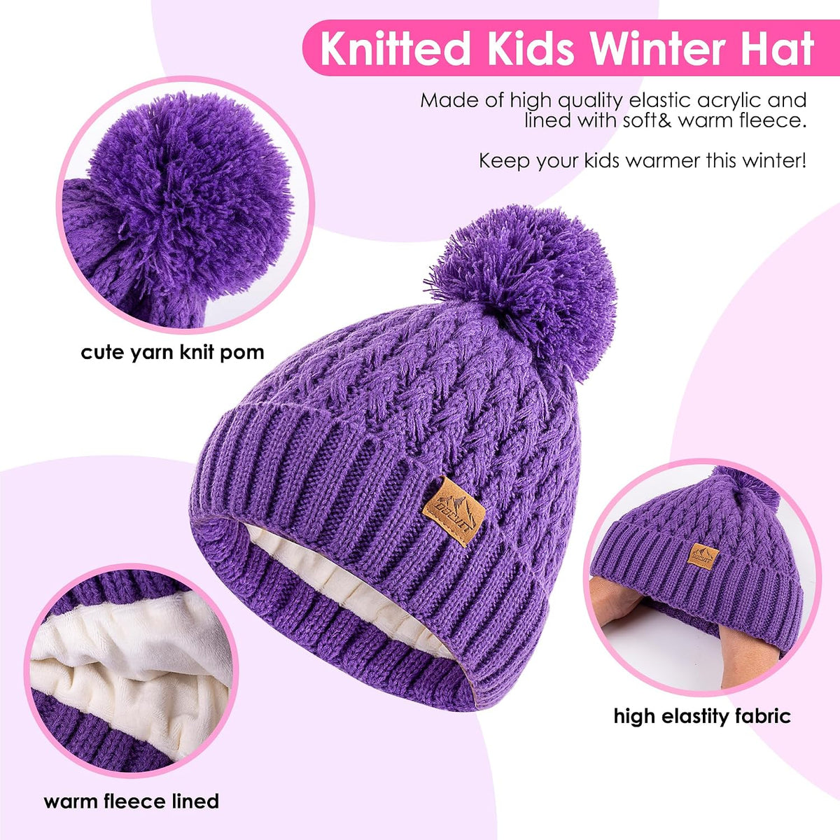 Kids Pompom Winter Beanie Hat Scart Gloves Set,Boys Girls Knitted Fleece Lined Woollen Hat for Children's 3-9 Years