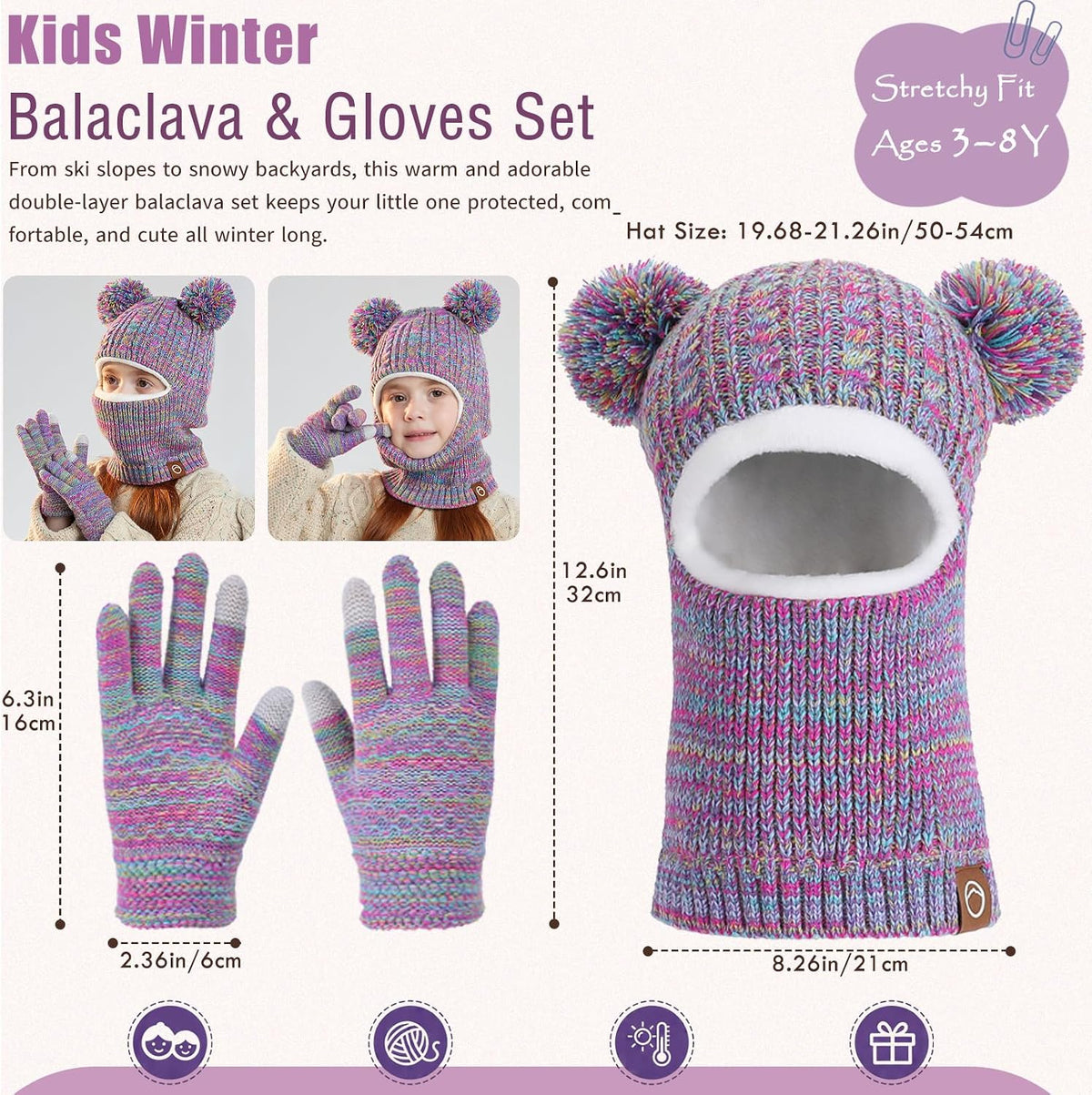 Kids Winter Hat Gloves Scarf Set Thicken Warm Fleece Lined Balaclava 3-8Y