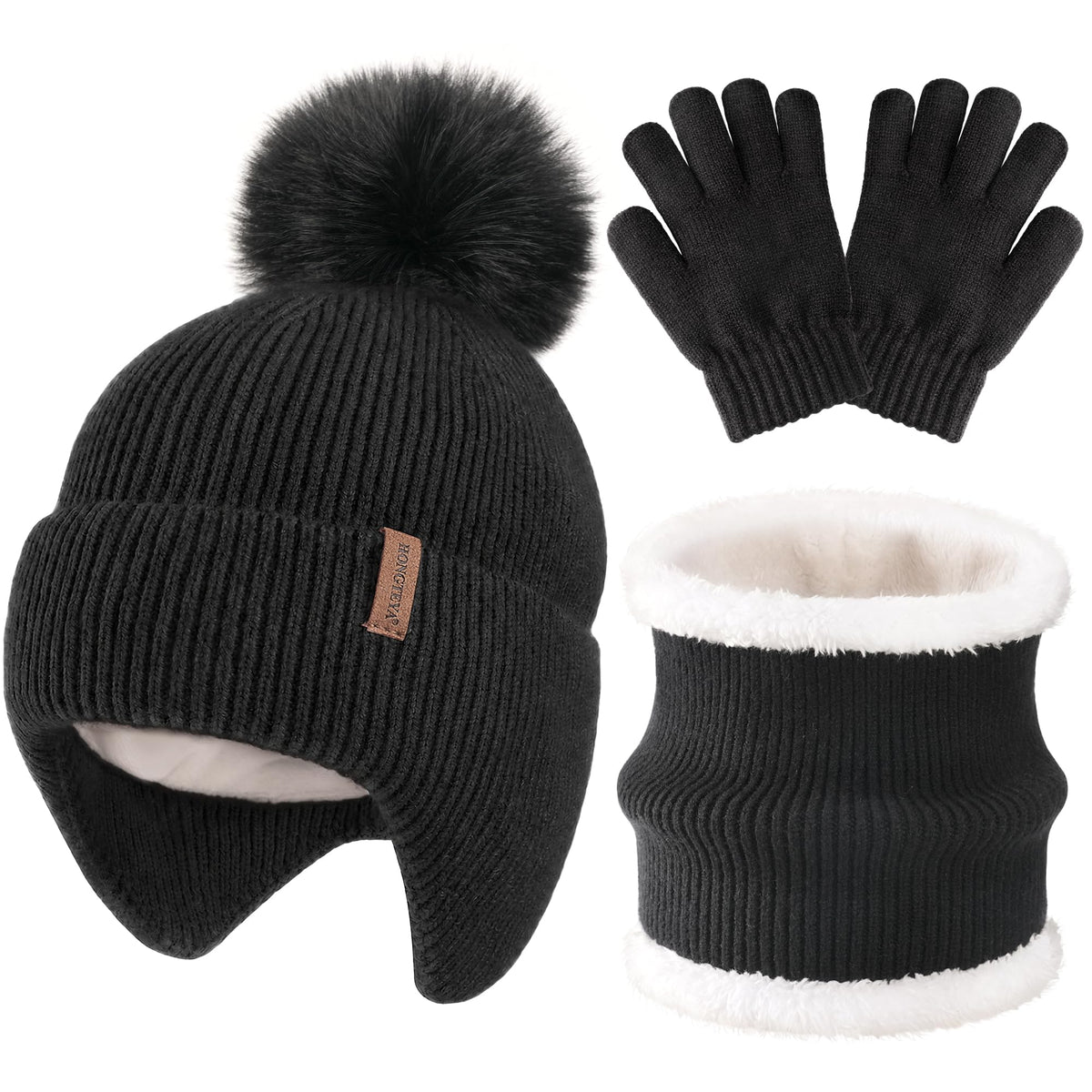 HONGTEYA Toddler Girls Winter Hat Gloves Scarf Set Warm Fleece Lined Knit