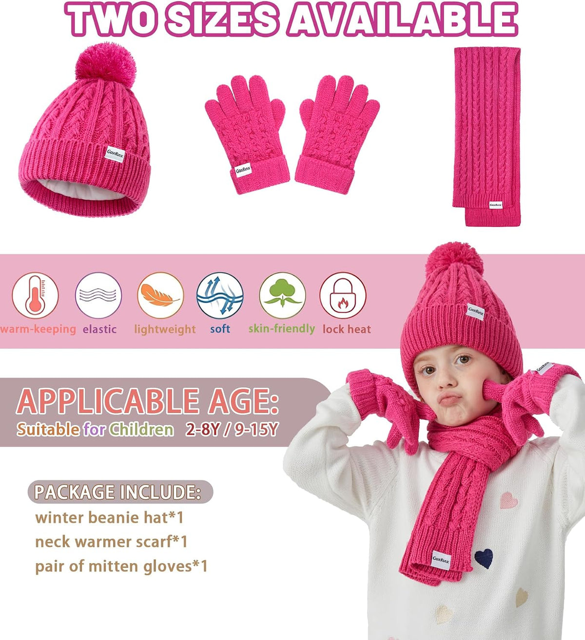 Kids Winter Hat Gloves Scarf Set, Girls Boys Winter Beanie Hat Mittens Scarf Knit Set with Thick Fleece Lined for Children