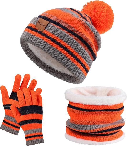 Kids Winter Hat Gloves Scarf Set: Girls Boys Beanie Fleece Lined Ages 6-10