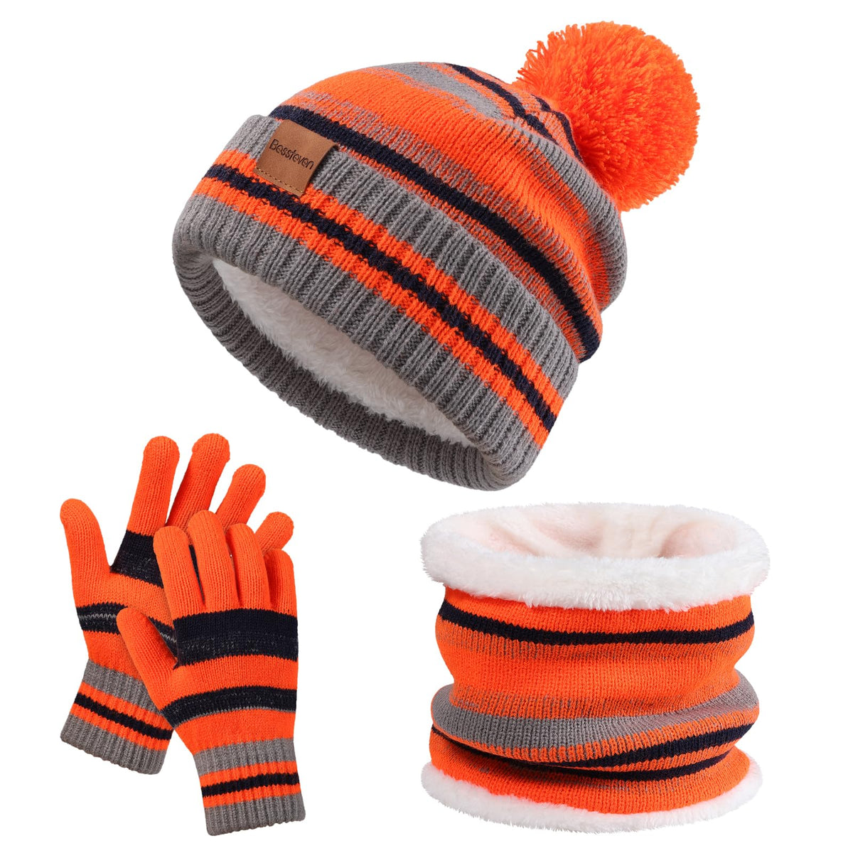 Kids Winter Hat Gloves Scarf Set: Girls Boys Beanie Fleece Lined Ages 6-10