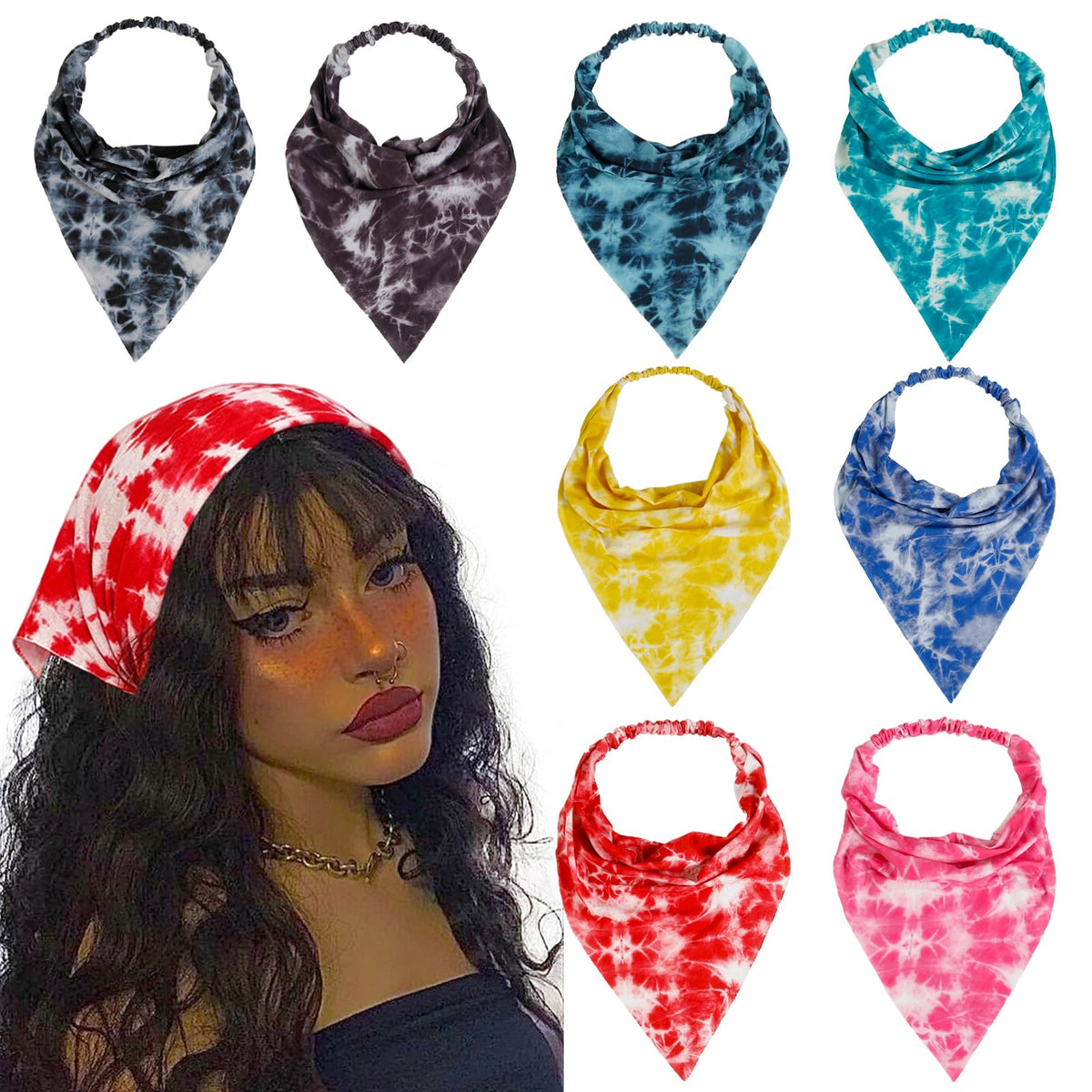 WOVOWOVO 8 Pcs Hair Scarf Headband for Women Girls Non Slip Elastic Boho Triangle Head Scarf Bandana