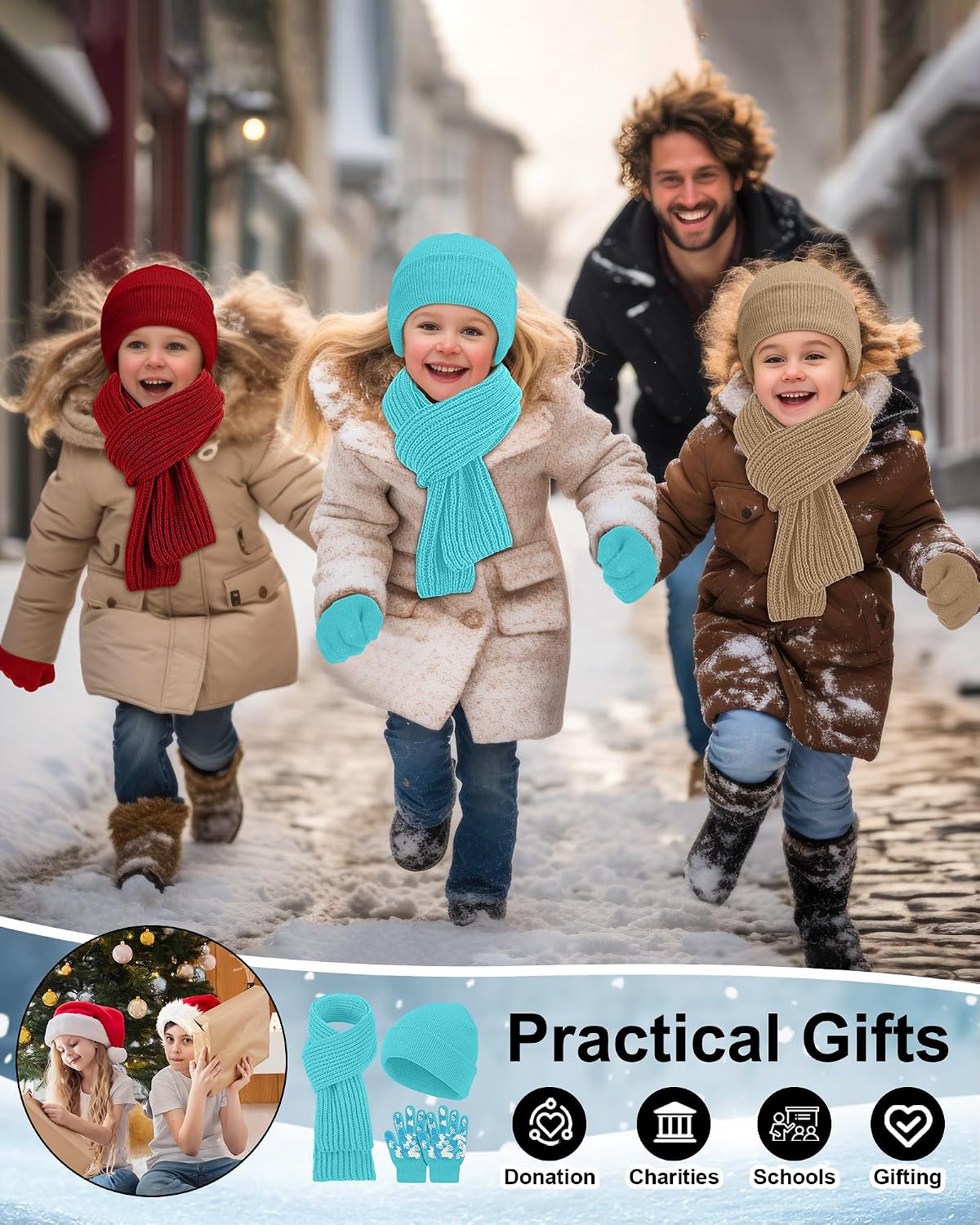 JaGely Kids Hat Gloves Scarf Winter Set, Warm Knitted Beanie Caps Scarves Gloves Bulk for Boys Girls Donation Cold Weather