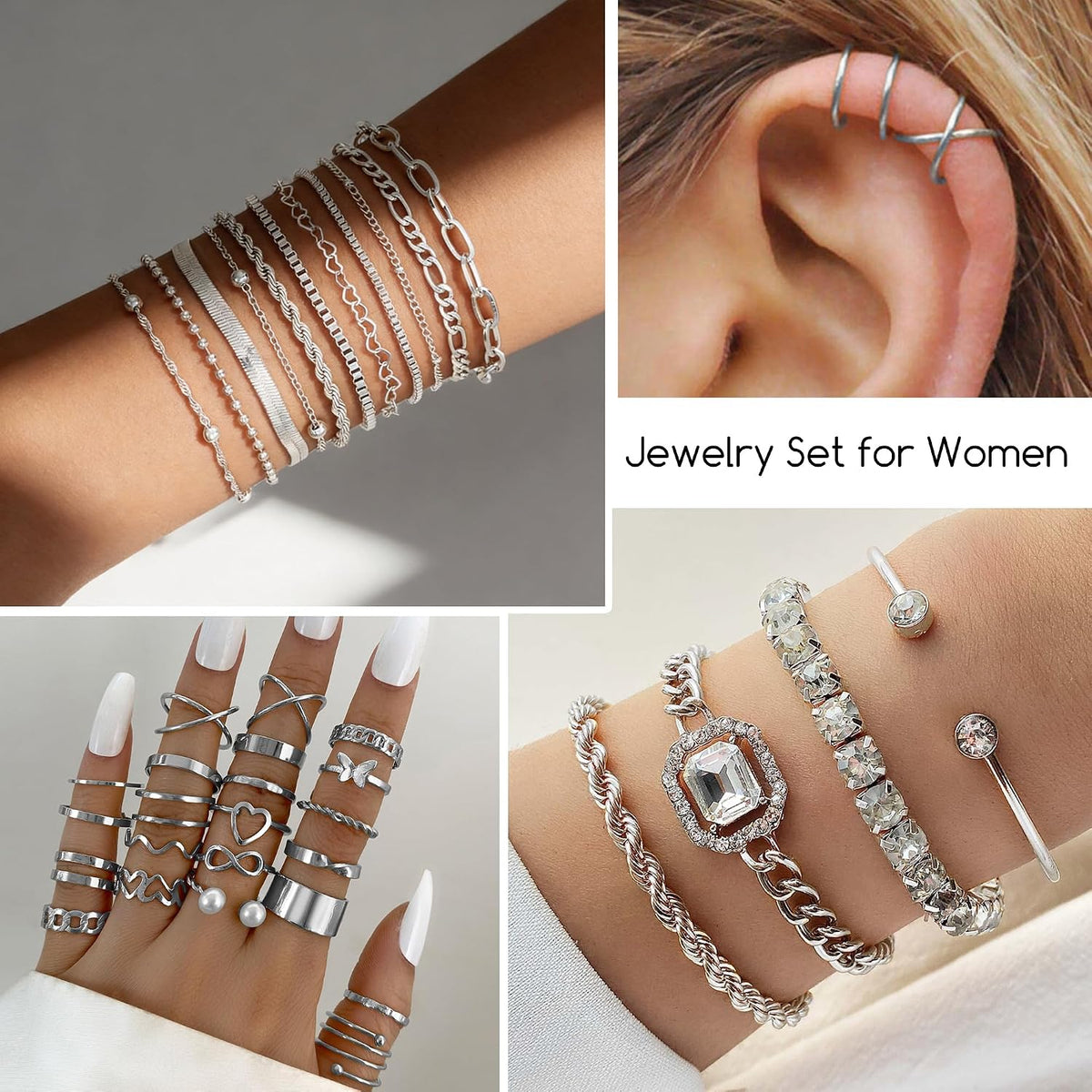 MEDOJO 84 Pcs Silver Jewelry Set for Women Pearl Necklace Silver Plated Necklace Bracelet Stackable Ring Earrings Set for Women