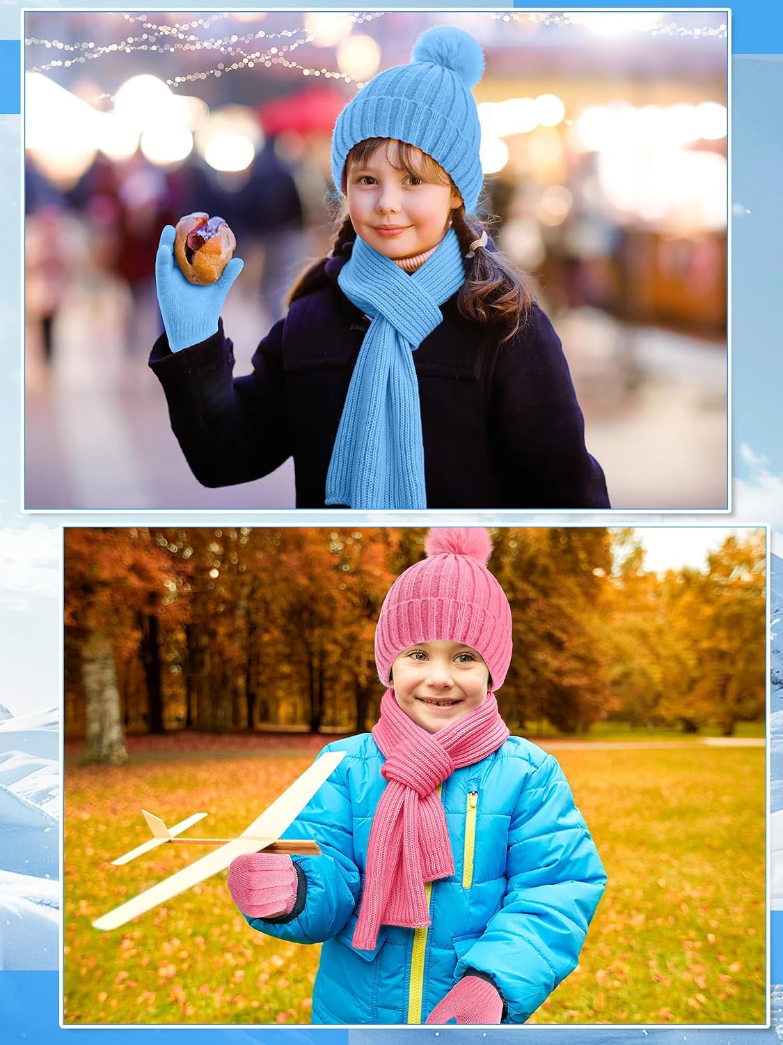 JaGely 2 Sets Kids Winter Hat Gloves Scarf Set Girls Boys