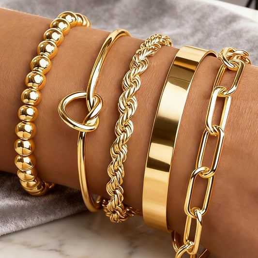Gold Bracelets for Women, 5 Pcs Non-Tarnish Gold Plated Stackable Bangles with Beaded, Knot, Twisted, Cuff & Chain Designs, Everyday Jewelry Gifts