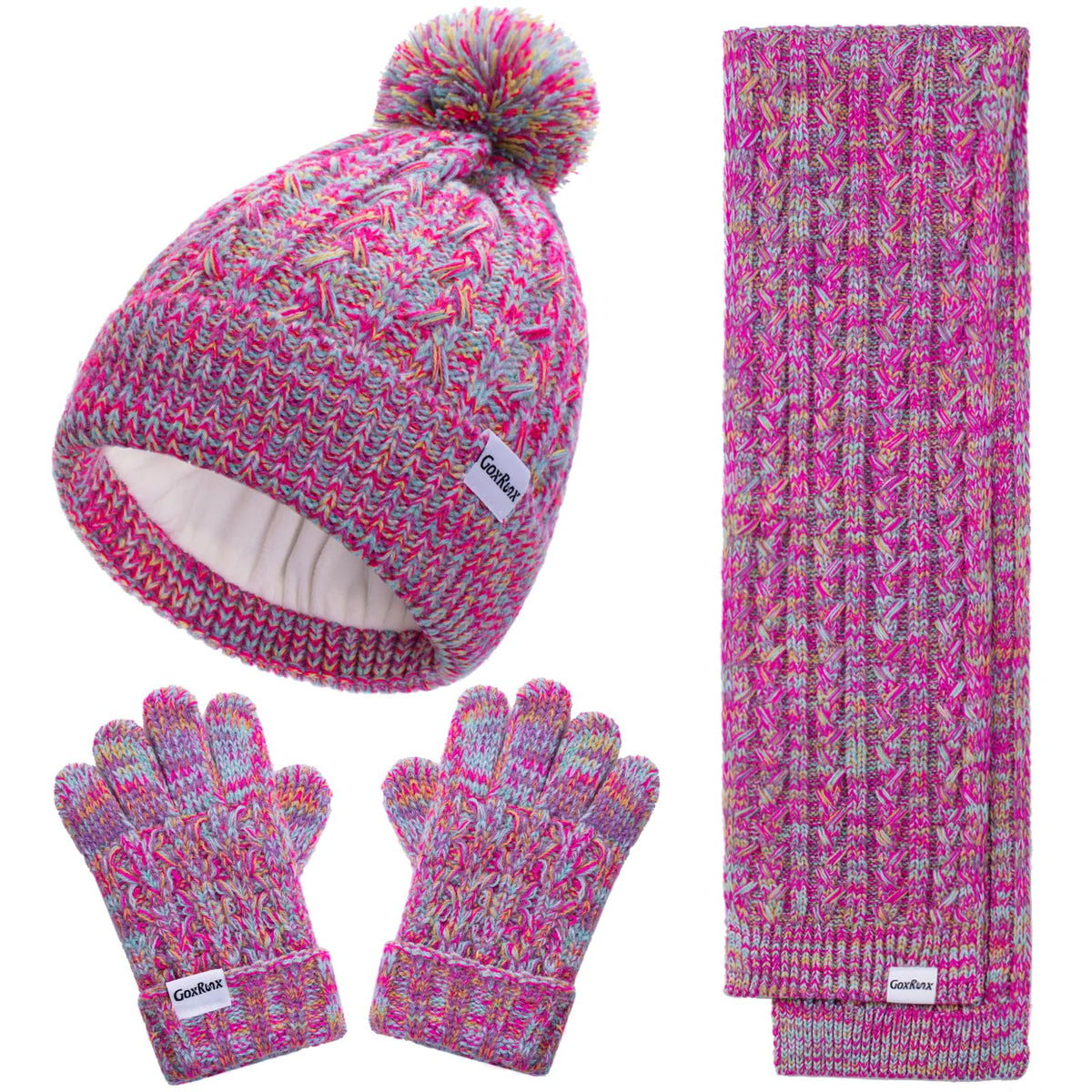 Kids Winter Hat Gloves Scarf Set, Girls Boys Winter Beanie Hat Mittens Scarf Knit Set with Thick Fleece Lined for Children