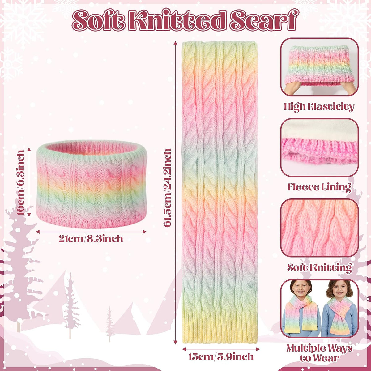 Kids Hat Gloves Scarf - 4pcs Winter Beanie Neck Warm Set for Girls, Lining Knitted Fleece Scarf Warmer Mitten Kit for Toddler Children Child Boy Age 3-15 Christmas Gift (Pink Yellow Gradient)