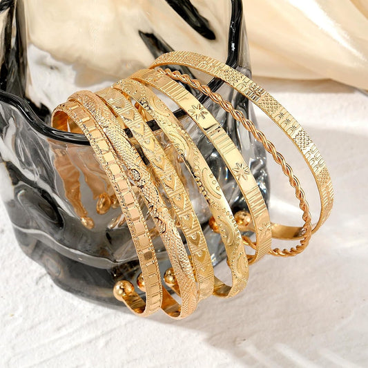7 Pcs Gold Plated Bracelet Set for Women: Bangles, Cuffs & Dainty Chains | 14K Mixed Stackable Bracelets for Layered Look, Complete Jewelry Collection Gift