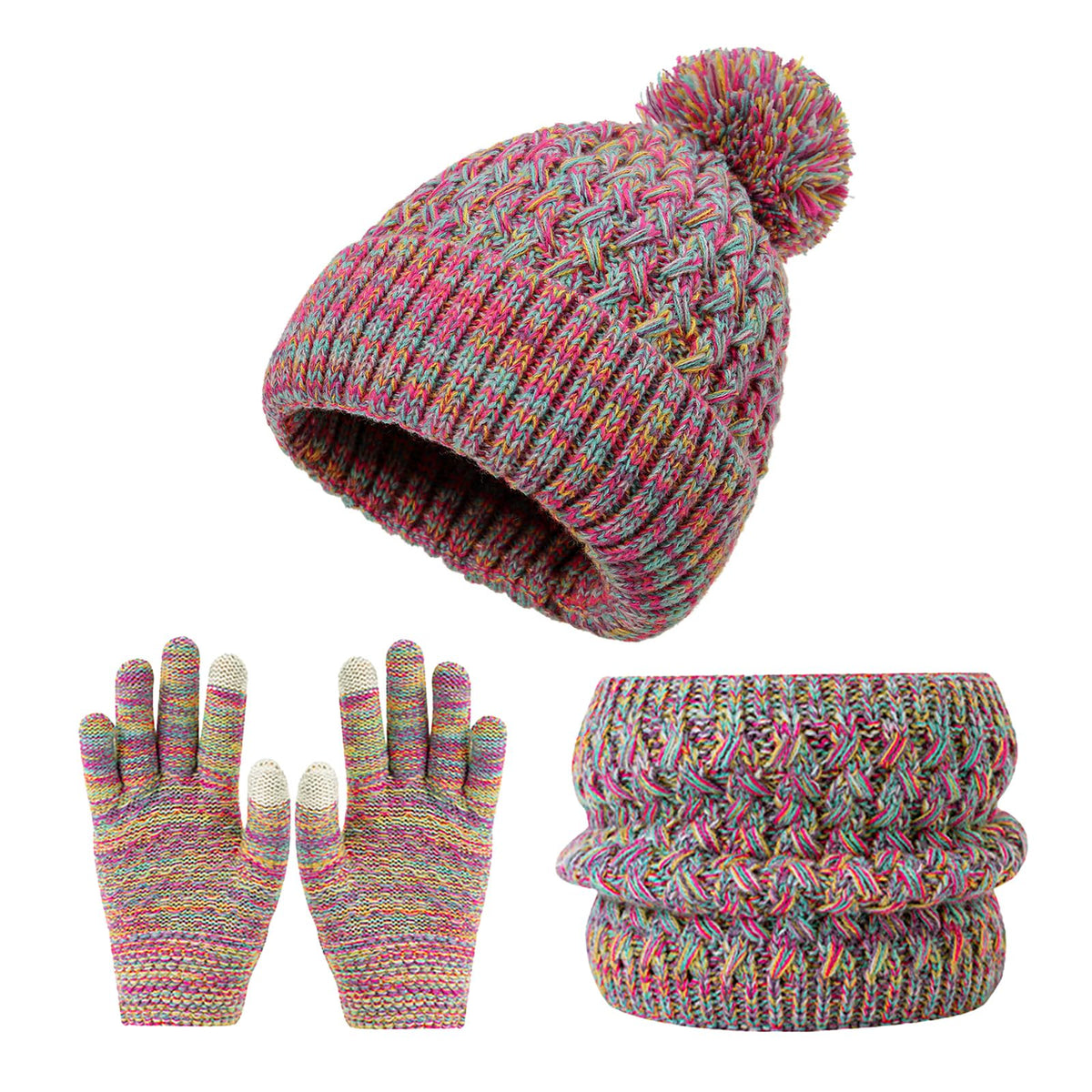 Kids Winter Beanie Hat Gloves Scarf Set, Girls Toddler Children Beanie Hats Gloves Knit Set Neck Warmer for Girls 2-8 year