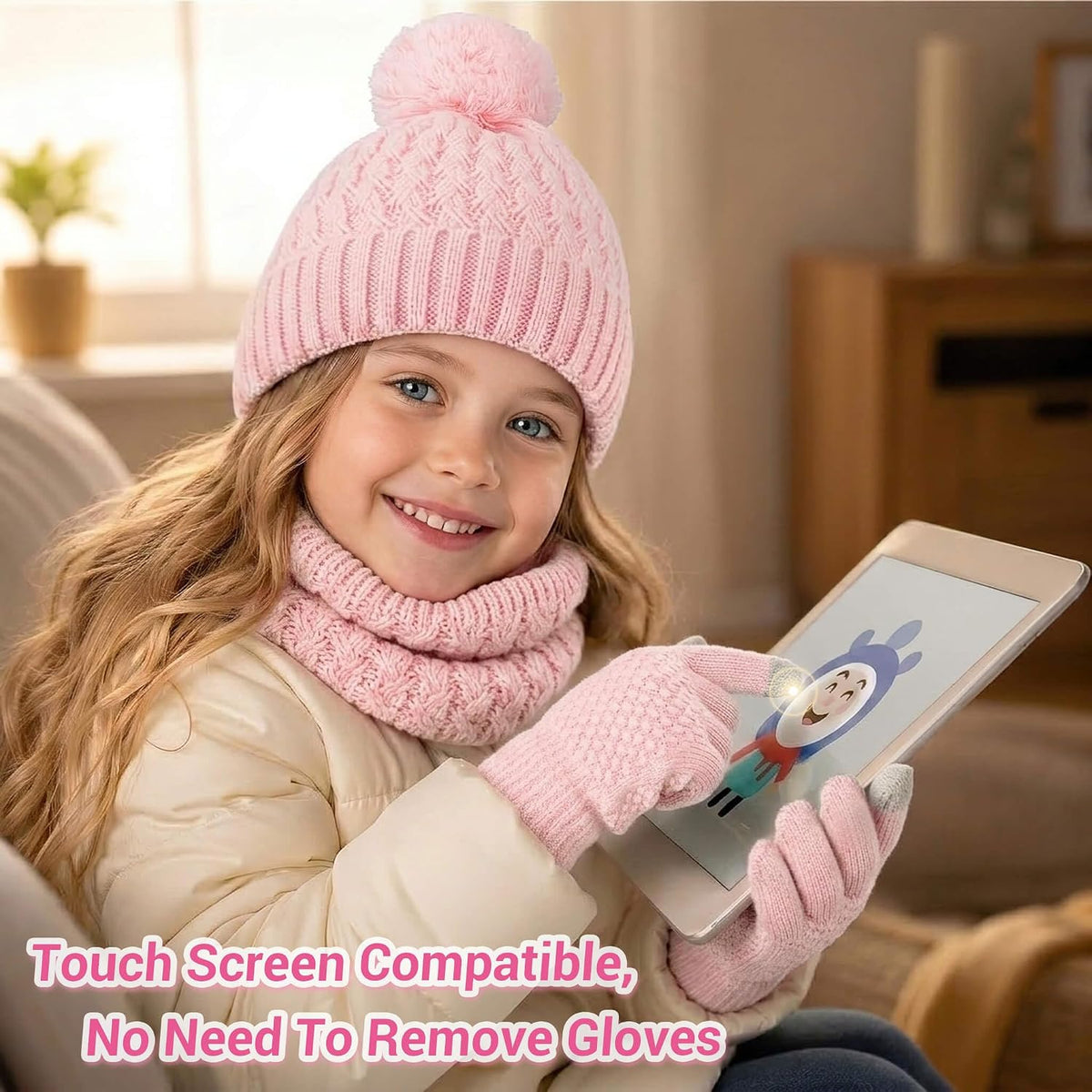 BQUBO Kids Winter Hat Gloves Scarf Set, Unisex Children Beanie Hat with Pom