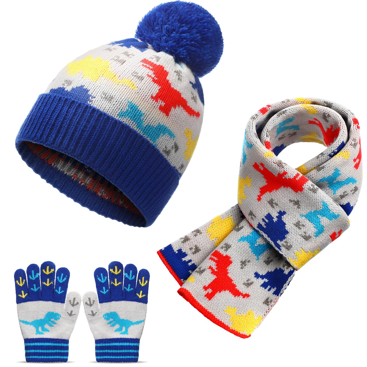 Kids Winter Hat Scarf Gloves Set Dinosaur Knit
