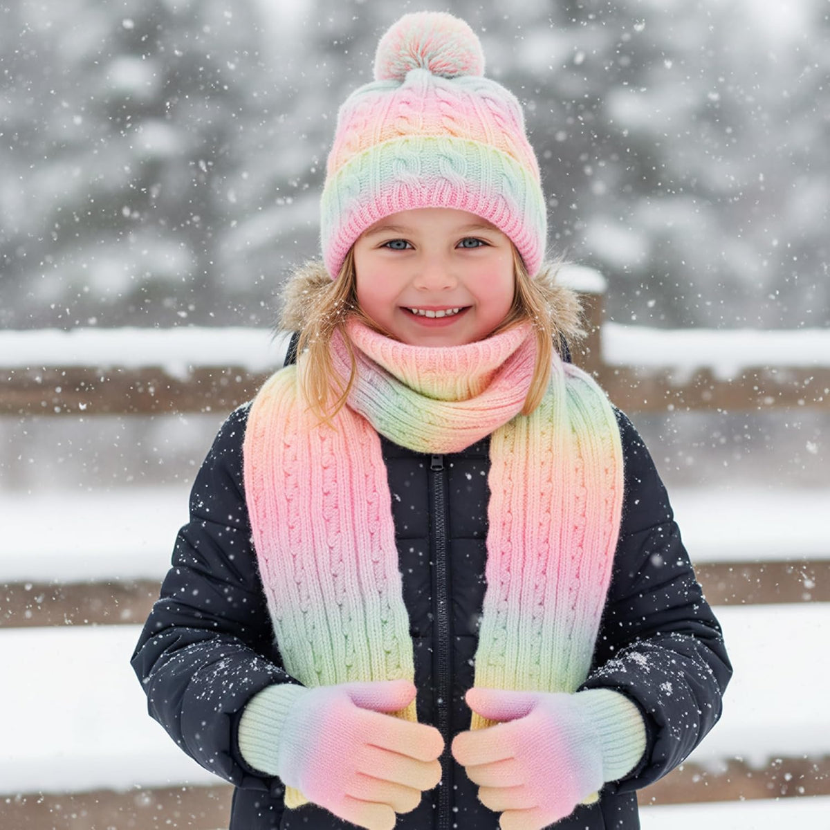 Kids Hat Gloves Scarf - 4pcs Winter Beanie Neck Warm Set for Girls, Lining Knitted Fleece Scarf Warmer Mitten Kit for Toddler Children Child Boy Age 3-15 Christmas Gift (Pink Yellow Gradient)