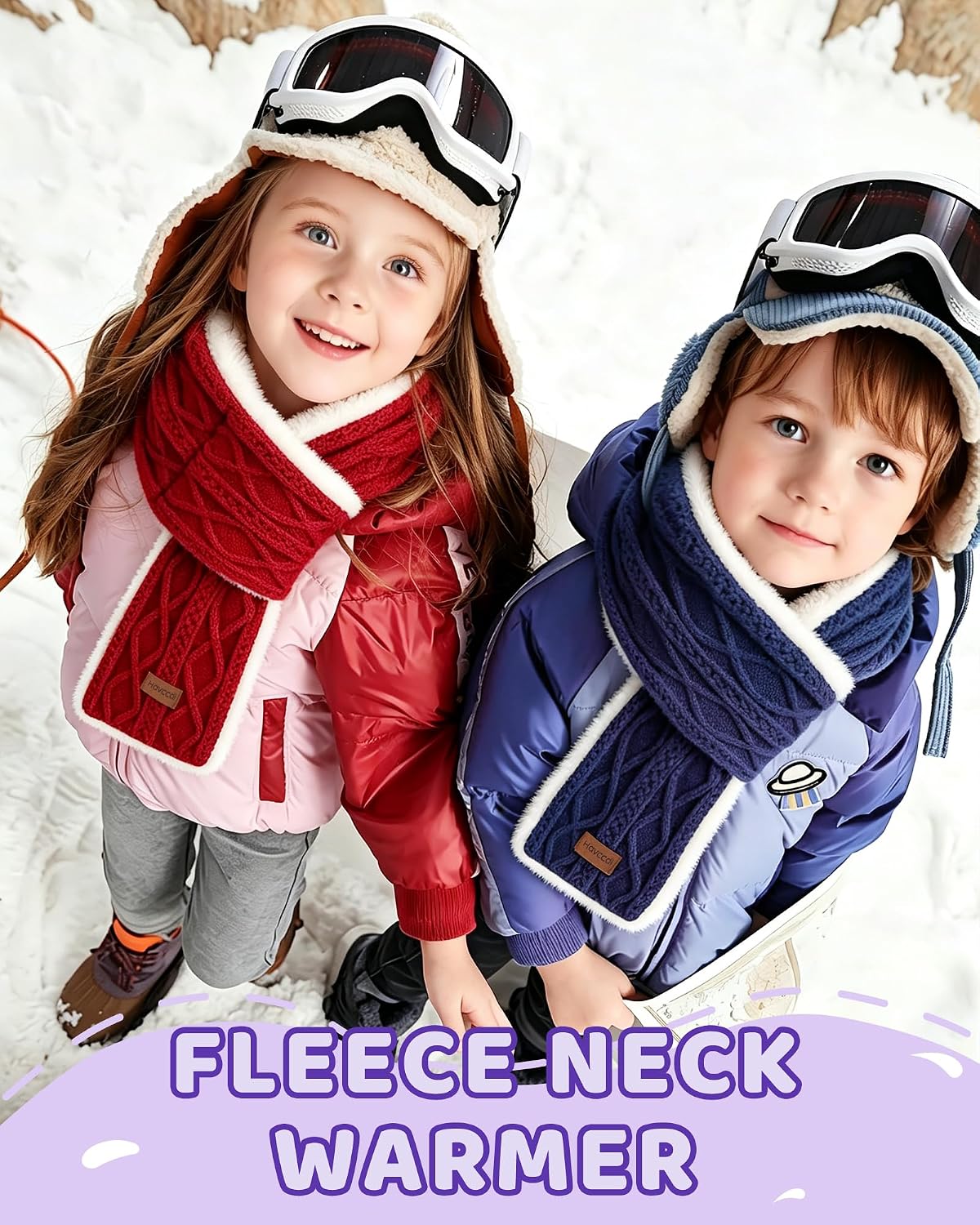 Kids Winter Scarf for Girls Boys, Plush Fur Lined Knitted Cross Tie Scarves