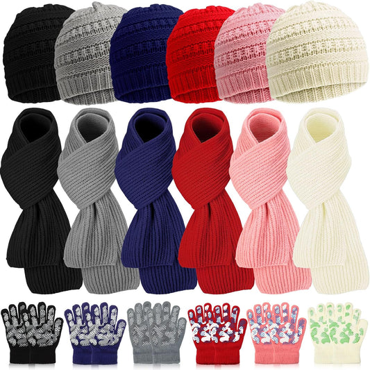 Suhine Kids Beanies Scarves Gloves Winter Set Gloves Knitted Scarves Wrap Winter Beanie Hat for Boys Girls 5-12