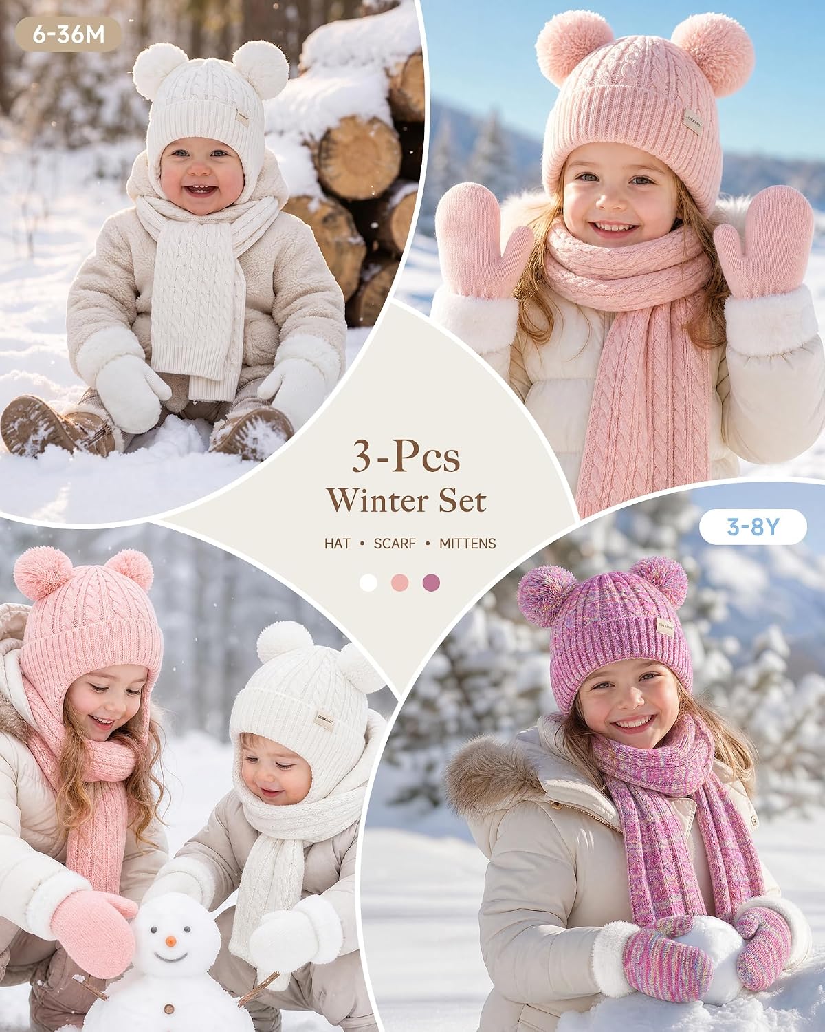 Baby Beanie Mittens Scarf Set Toddler Kids Winter Hat Gloves Neck Warmer Girls Boys with Fleece Lined Warm