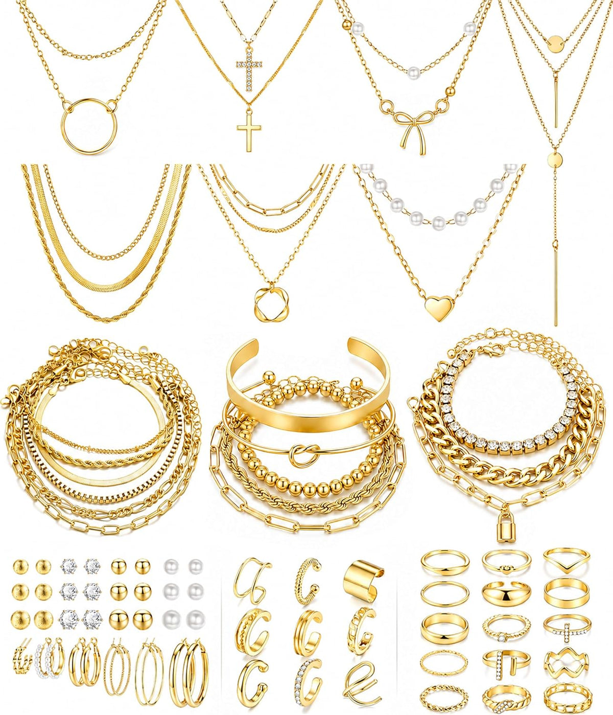 73 Pcs Gold Jewelry Set for Women, Necklaces Bracelets Rings Earrings Set