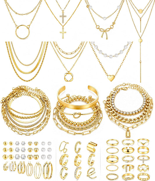 73 Pcs Gold Jewelry Set for Women, Necklaces Bracelets Rings Earrings Set