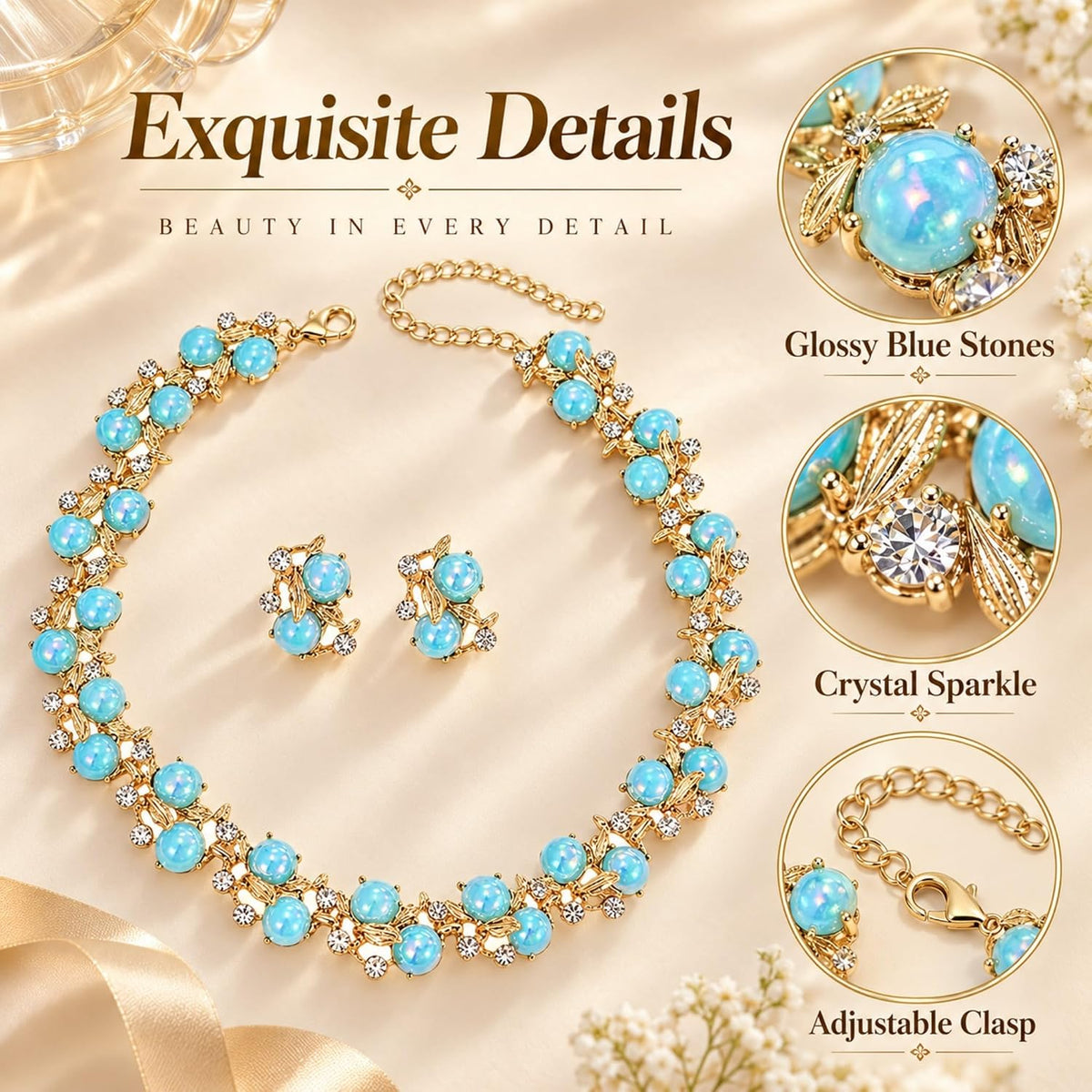 2 Pcs Women Jewelry Set,Beaded Necklace & Earring Set,Adjustable Chain,Blue