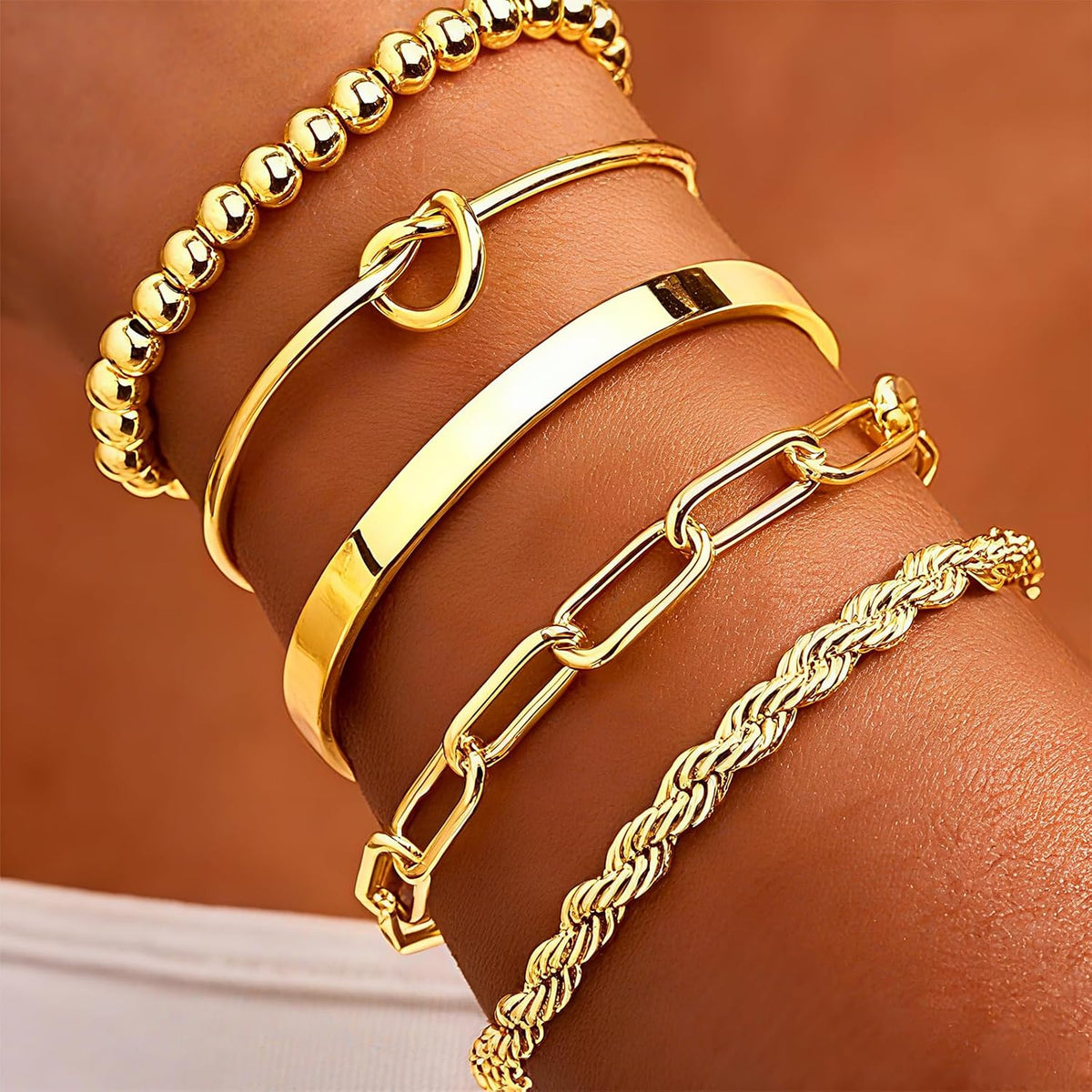 Gold Bracelets for Women, 5 Pcs Non-Tarnish Gold Plated Stackable Bangles with Beaded, Knot, Twisted, Cuff & Chain Designs, Everyday Jewelry Gifts