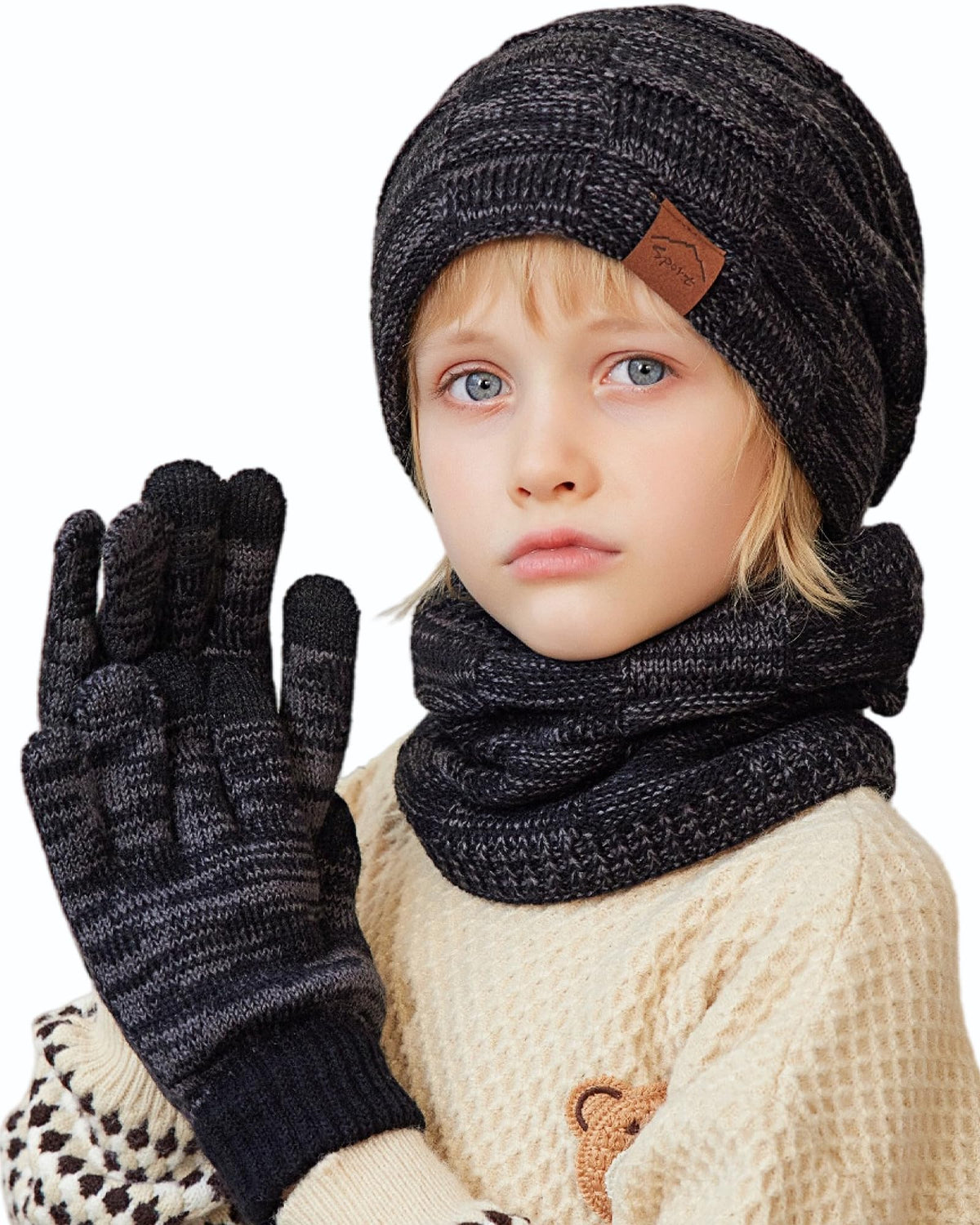 KMOLY Kids Winter Hat TouchScreen Gloves Scarf Set Warm Fleece Lined 4-10Y