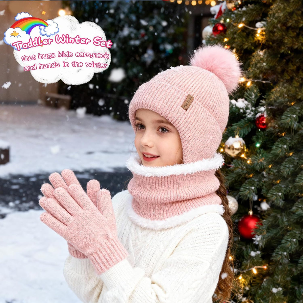 HONGTEYA Toddler Girls Winter Hat Gloves Scarf Set Warm Fleece Lined Knit