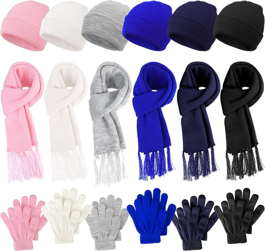 QKURT 6 Sets Kids Winter Hat Scarf Gloves Set, 6 Colors Knit Warm Soft Hat Long Scarf Snow Gloves for Boys Girls Ages 5-12, Winter Accessories for Outdoor School Cold Weather Holiday